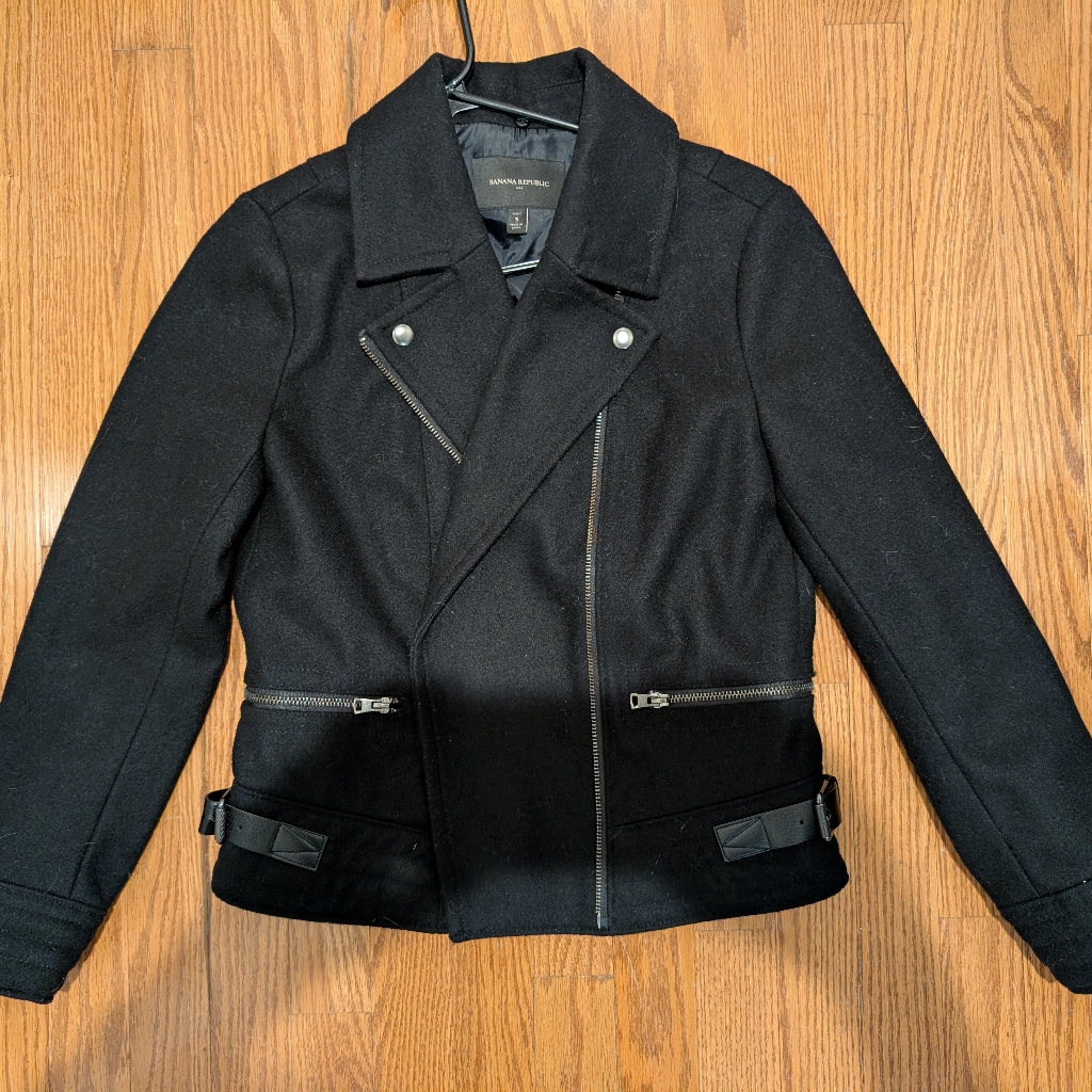 Women's Banana Republic Black Wool Moto Jacket W/ Leather Accents Small Petite
